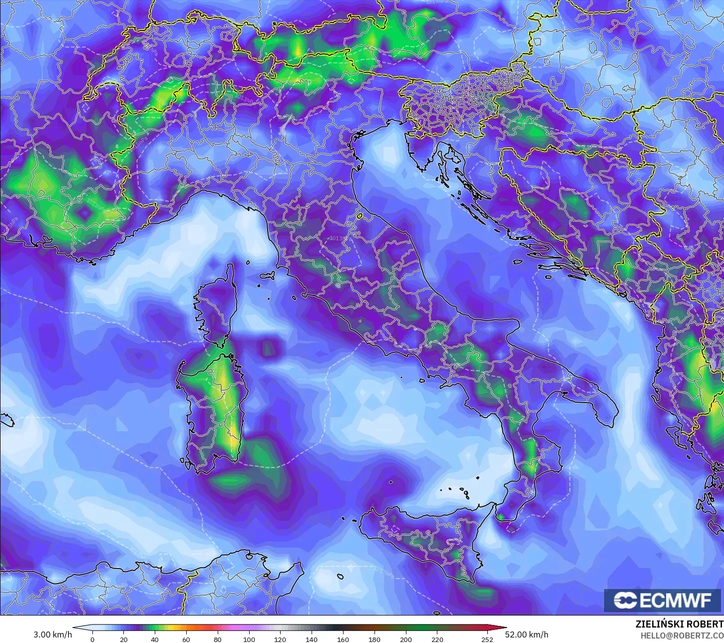 ECMWF IFS 0.25° モデル - イタリア, 突風