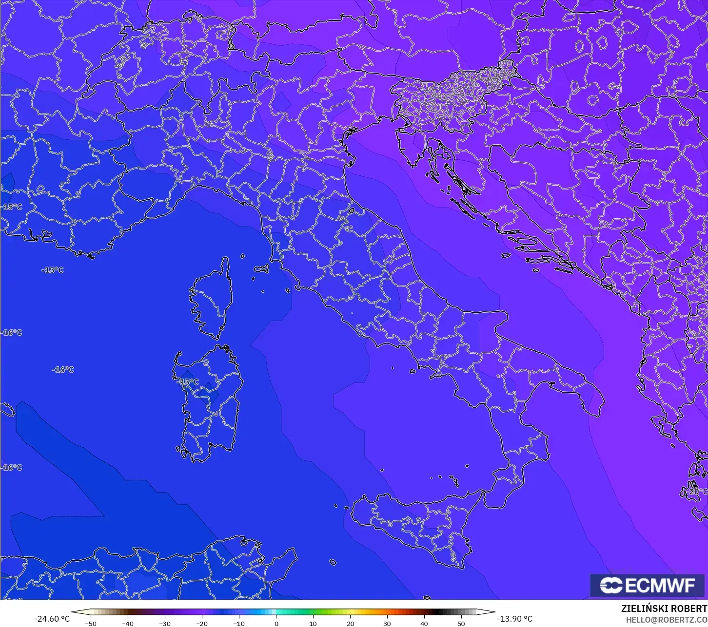 ECMWF IFS 0.25° モデル - イタリア, 気温（500hPa）