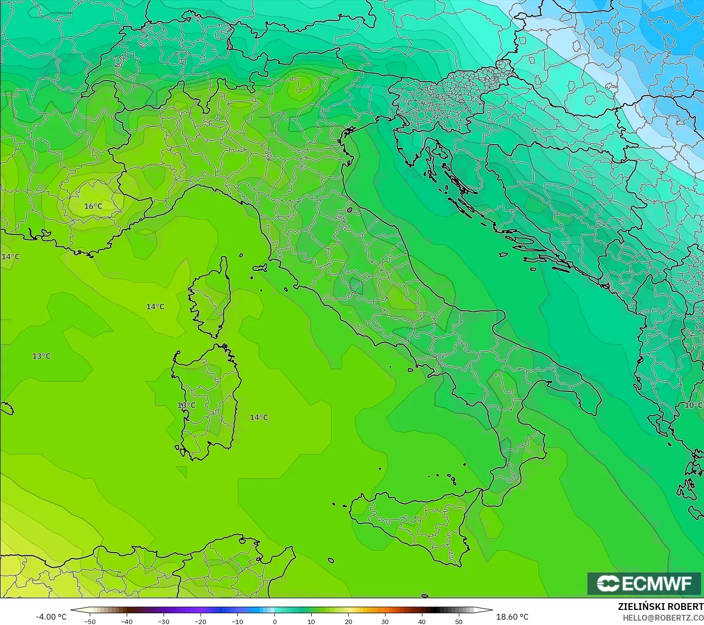 ECMWF IFS 0.25° モデル - イタリア, 気温（850hPa）