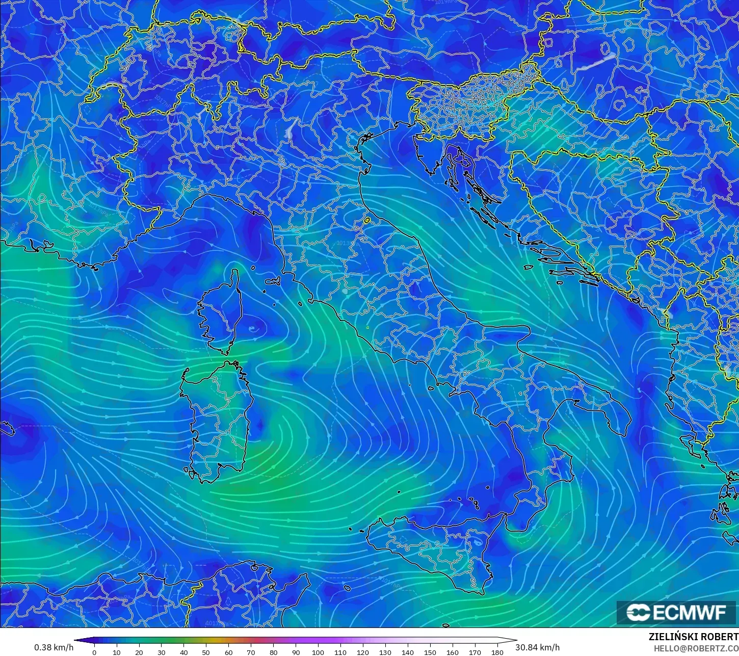 ECMWF IFS 0.25° モデル - イタリア, 風速（10m）