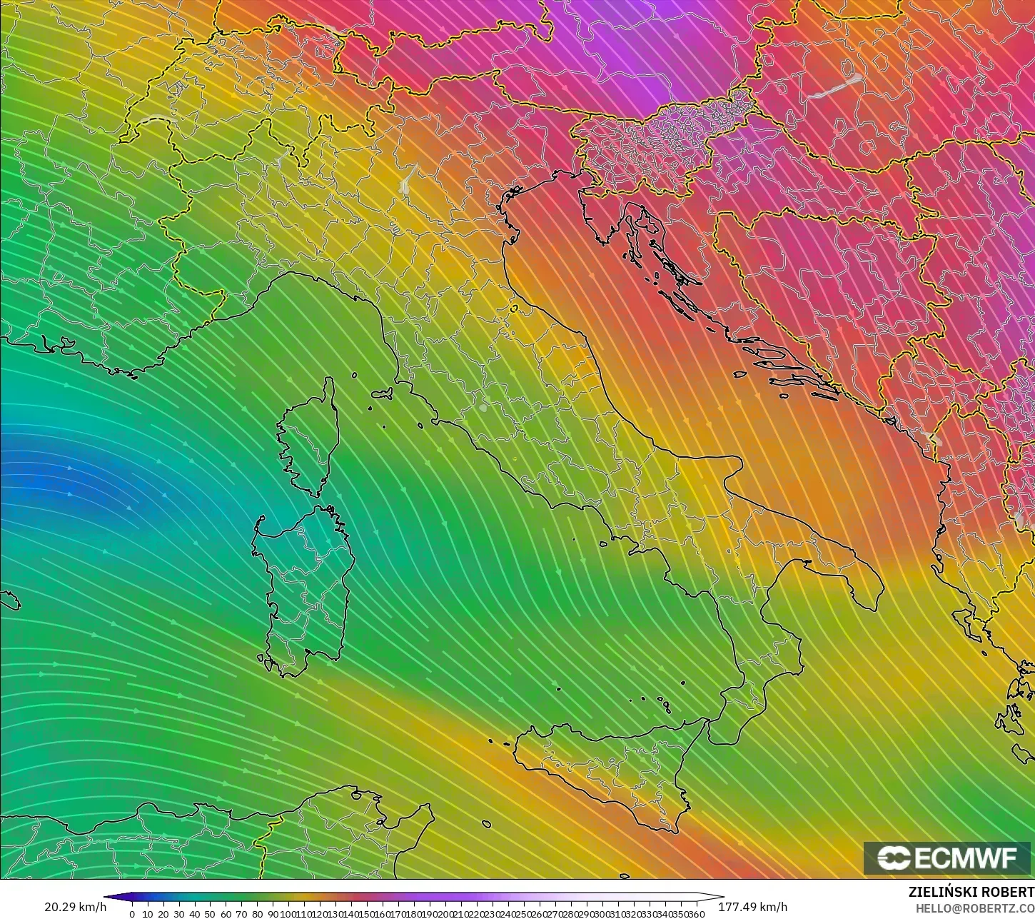 ECMWF IFS 0.25° モデル - イタリア, 風速（300hPa）
