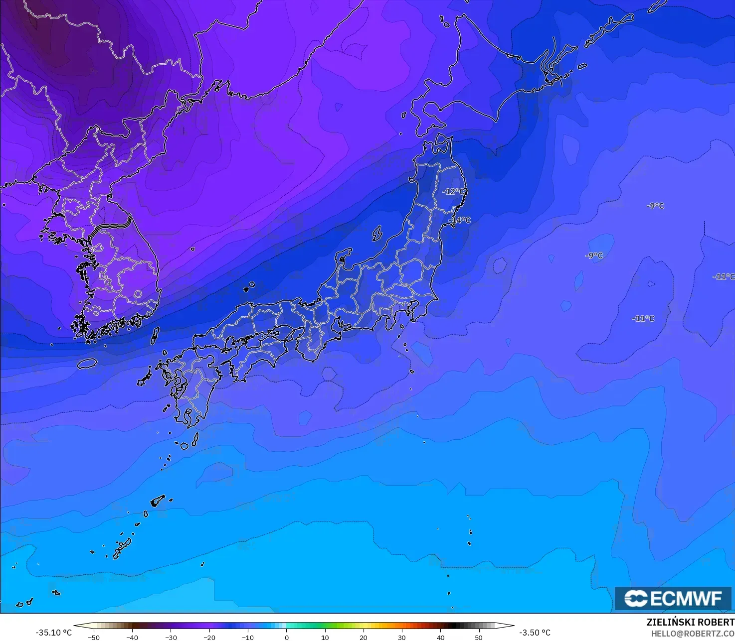 ECMWF IFS 0.25° モデル - 日本, 気温（500hPa）