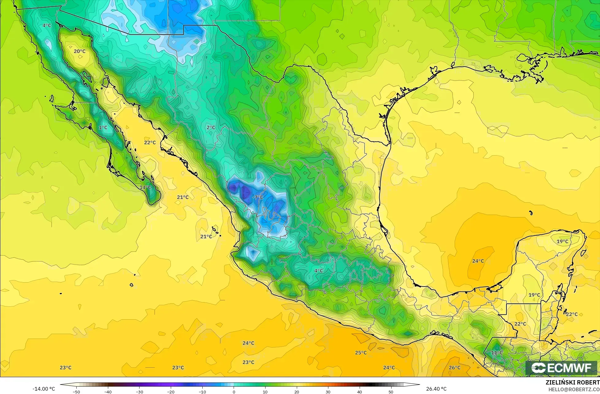 ECMWF IFS 0.25° モデル - メキシコ, 露点温度（2m）