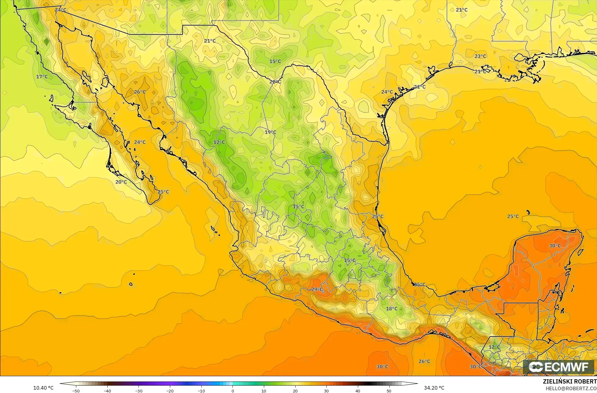 ECMWF IFS 0.25° モデル - メキシコ, 気温（2m）