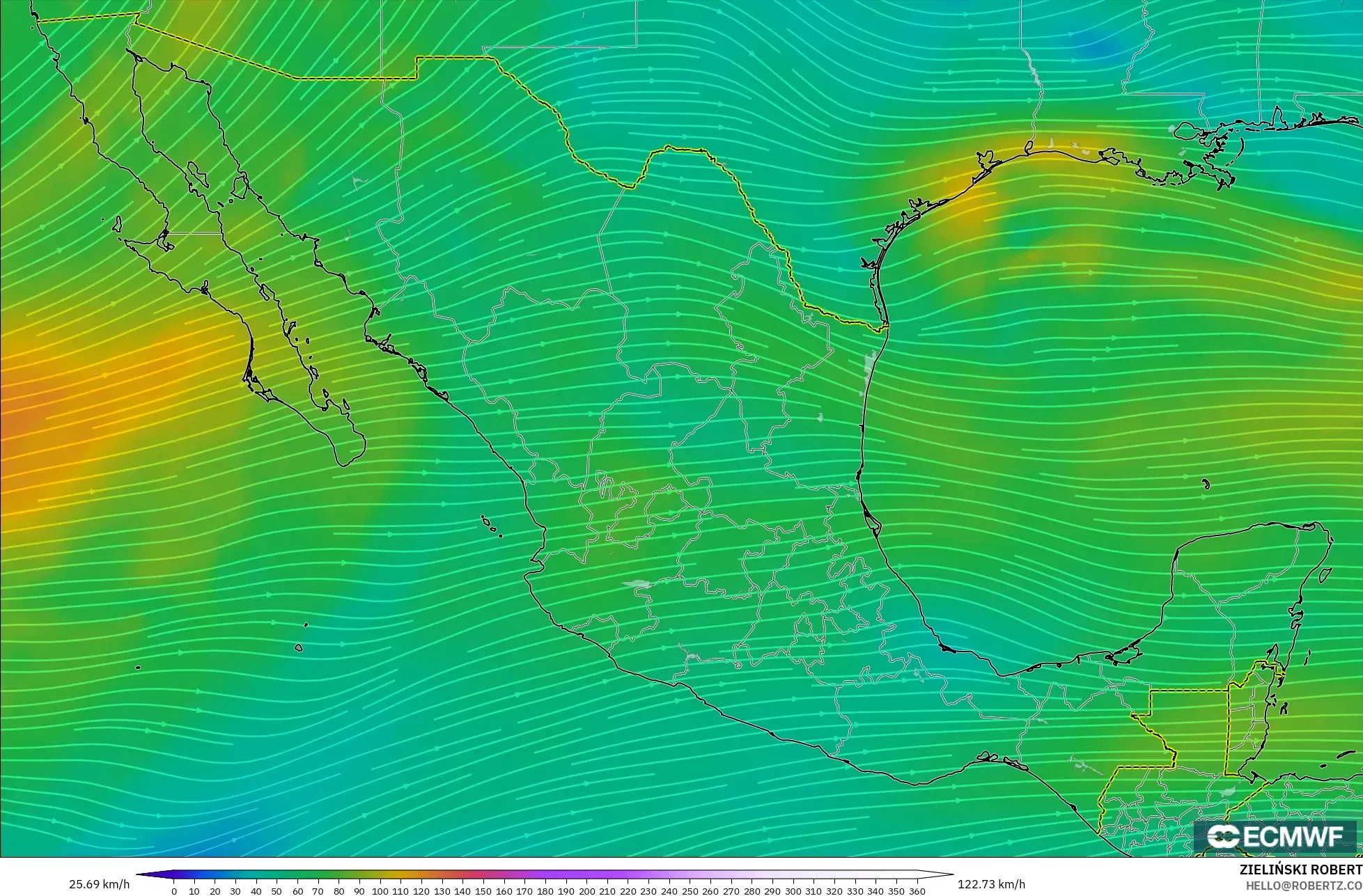 ECMWF IFS 0.25° モデル - メキシコ, 風速（300hPa）