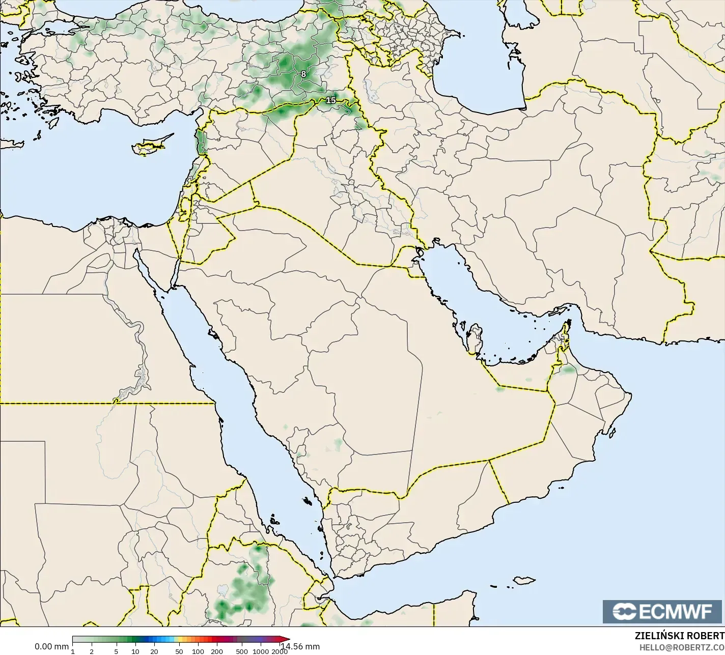 ECMWF IFS 0.25° モデル - 中東, 降水量の合計