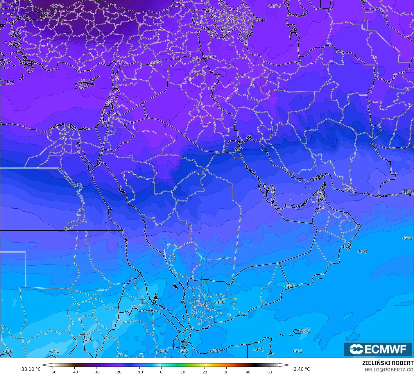 ECMWF IFS 0.25° モデル - 中東, 気温（500hPa）