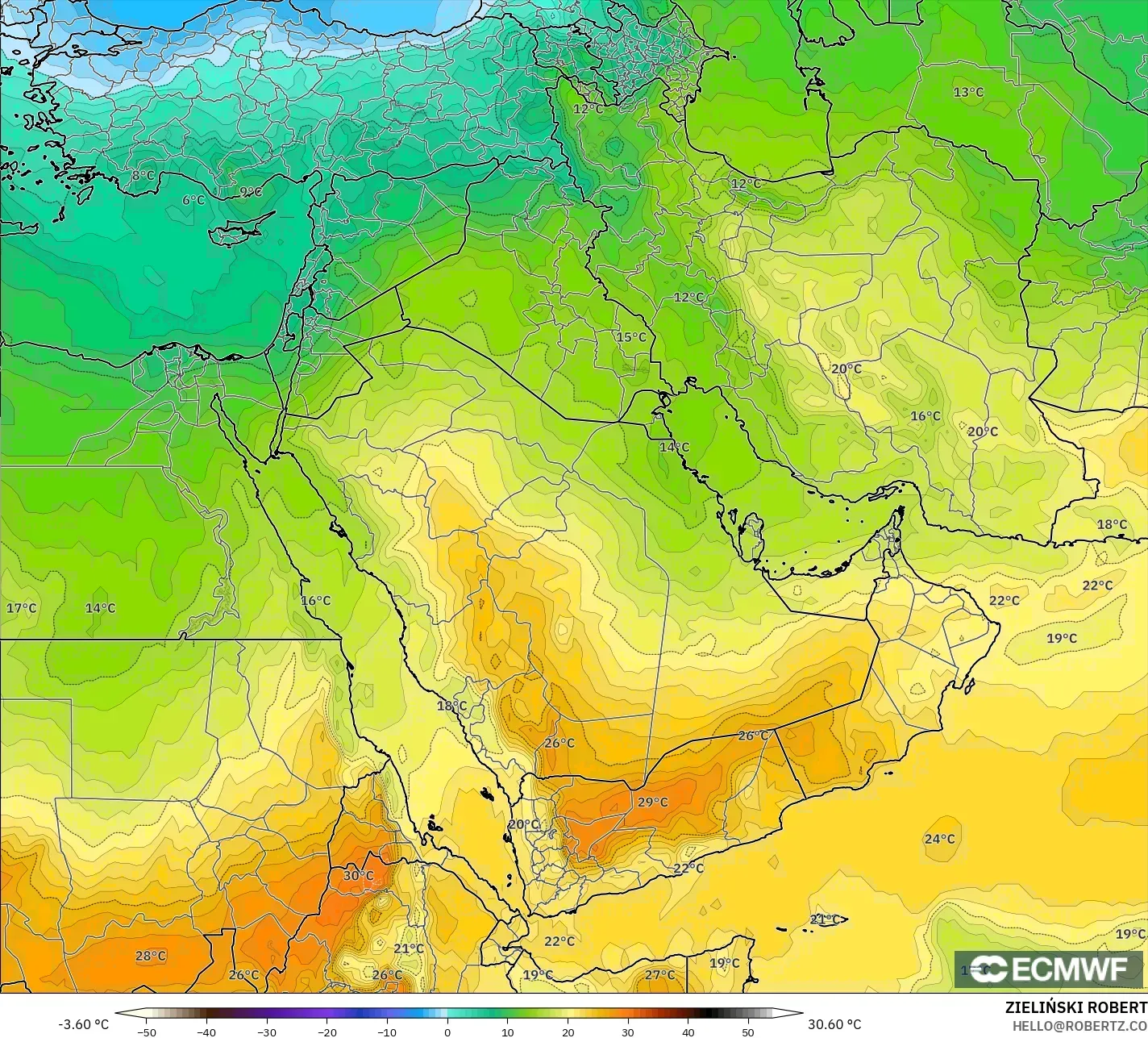 ECMWF IFS 0.25° モデル - 中東, 気温（850hPa）