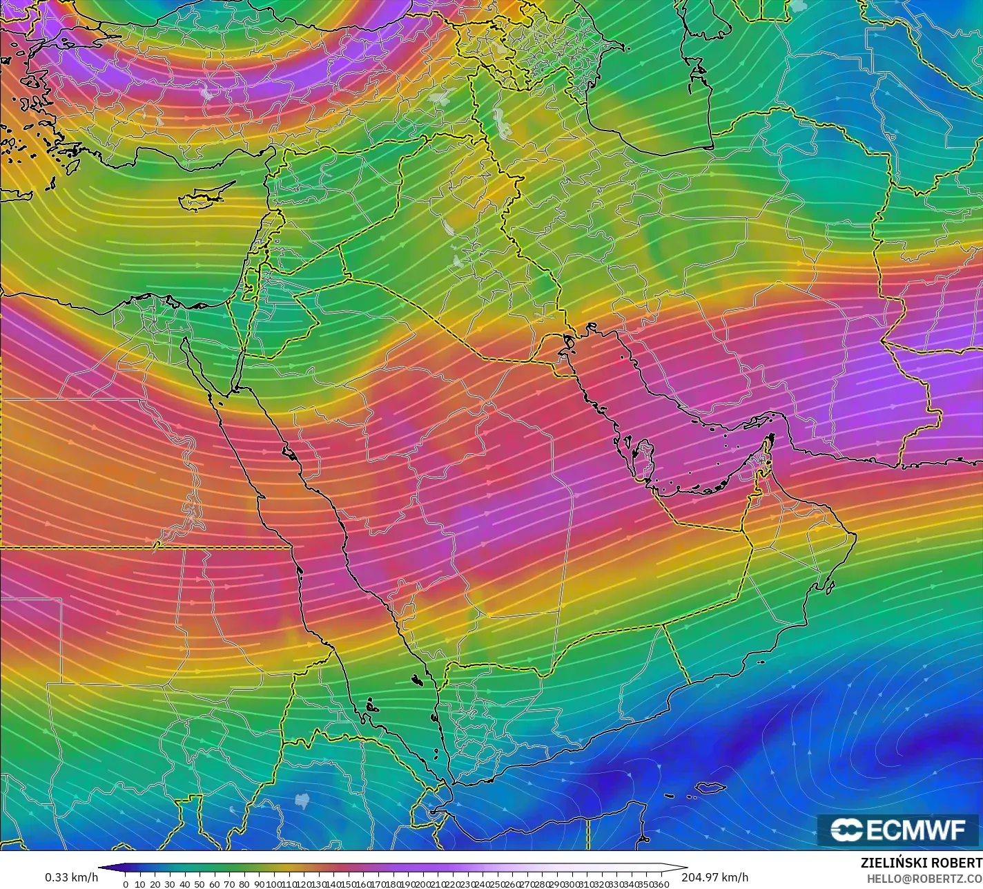 ECMWF IFS 0.25° モデル - 中東, 風速（300hPa）