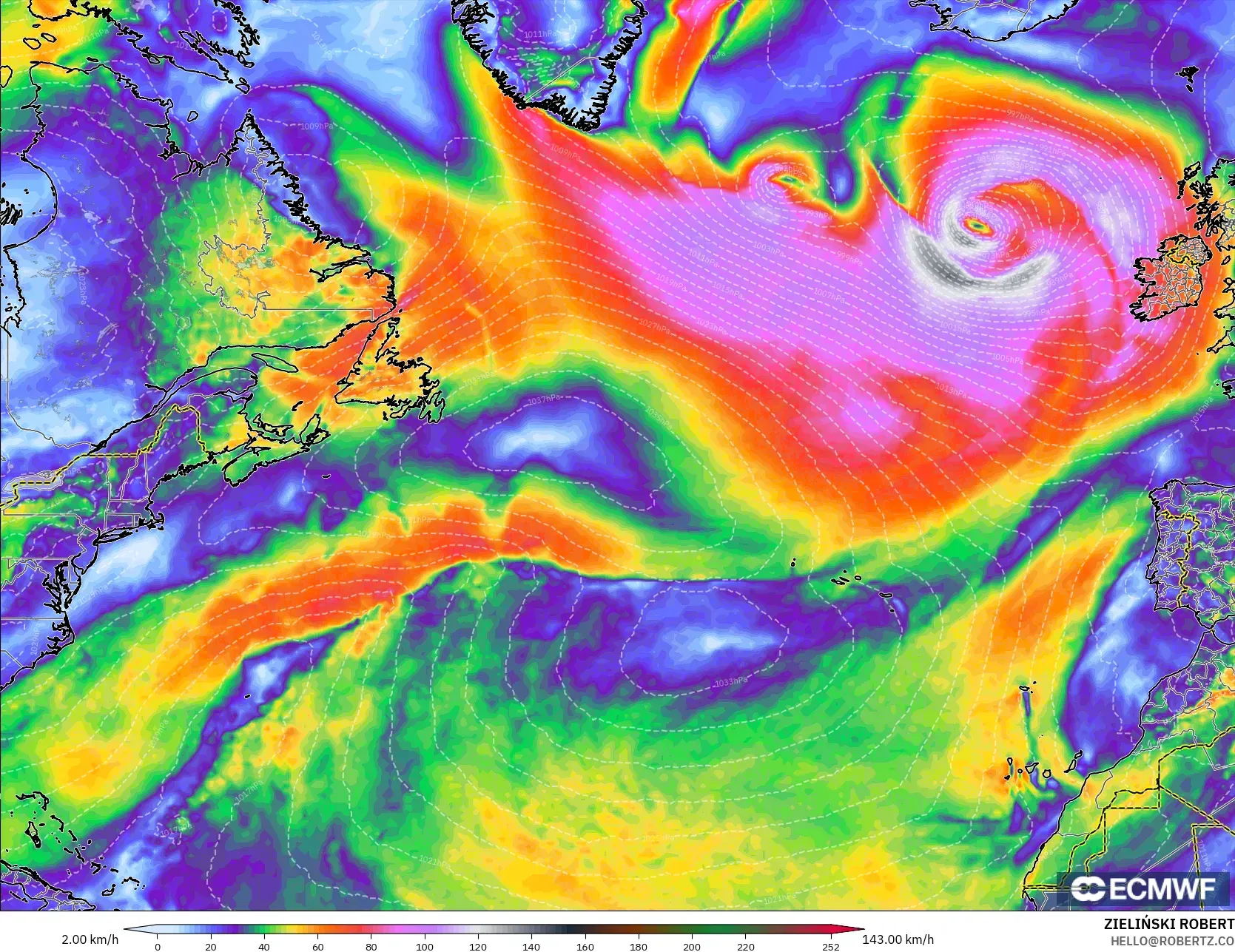 ECMWF IFS 0.25° モデル - 北大西洋, 突風（最大）