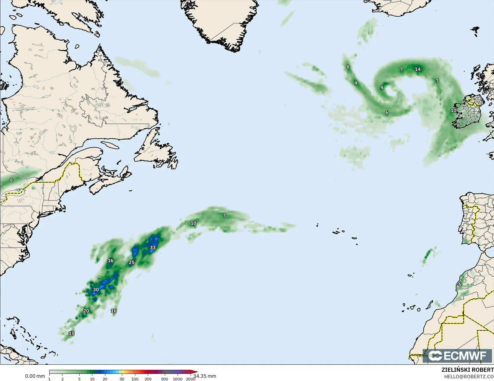 ECMWF IFS 0.25° モデル - 北大西洋, 降水量の合計