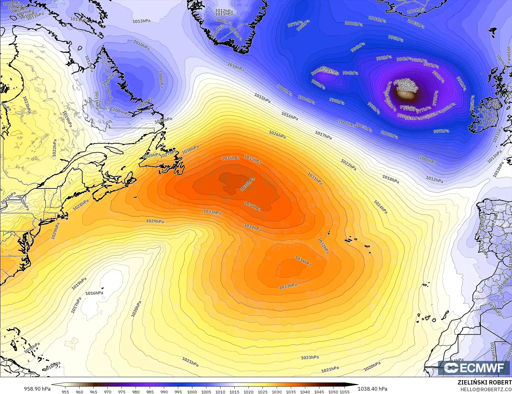 ECMWF IFS 0.25° モデル - 北大西洋, 気圧