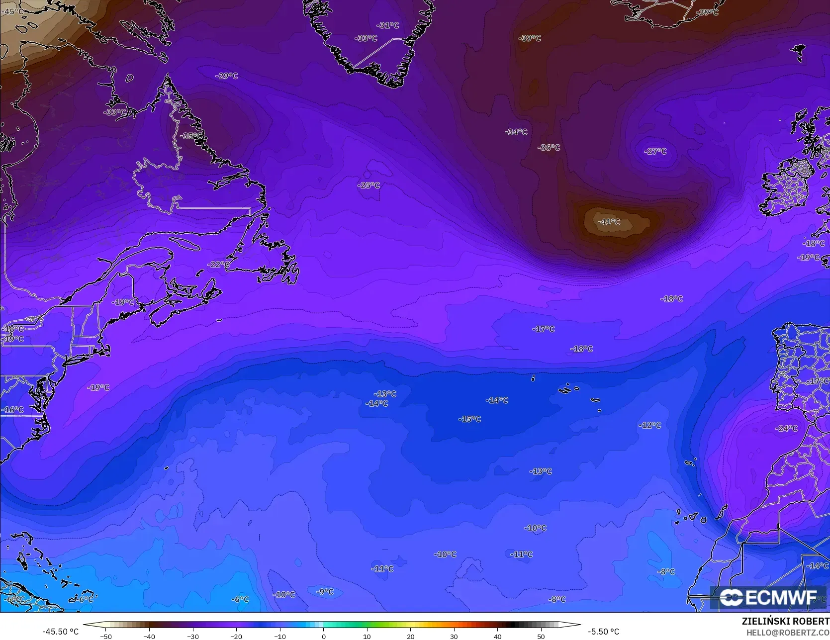 ECMWF IFS 0.25° モデル - 北大西洋, 気温（500hPa）