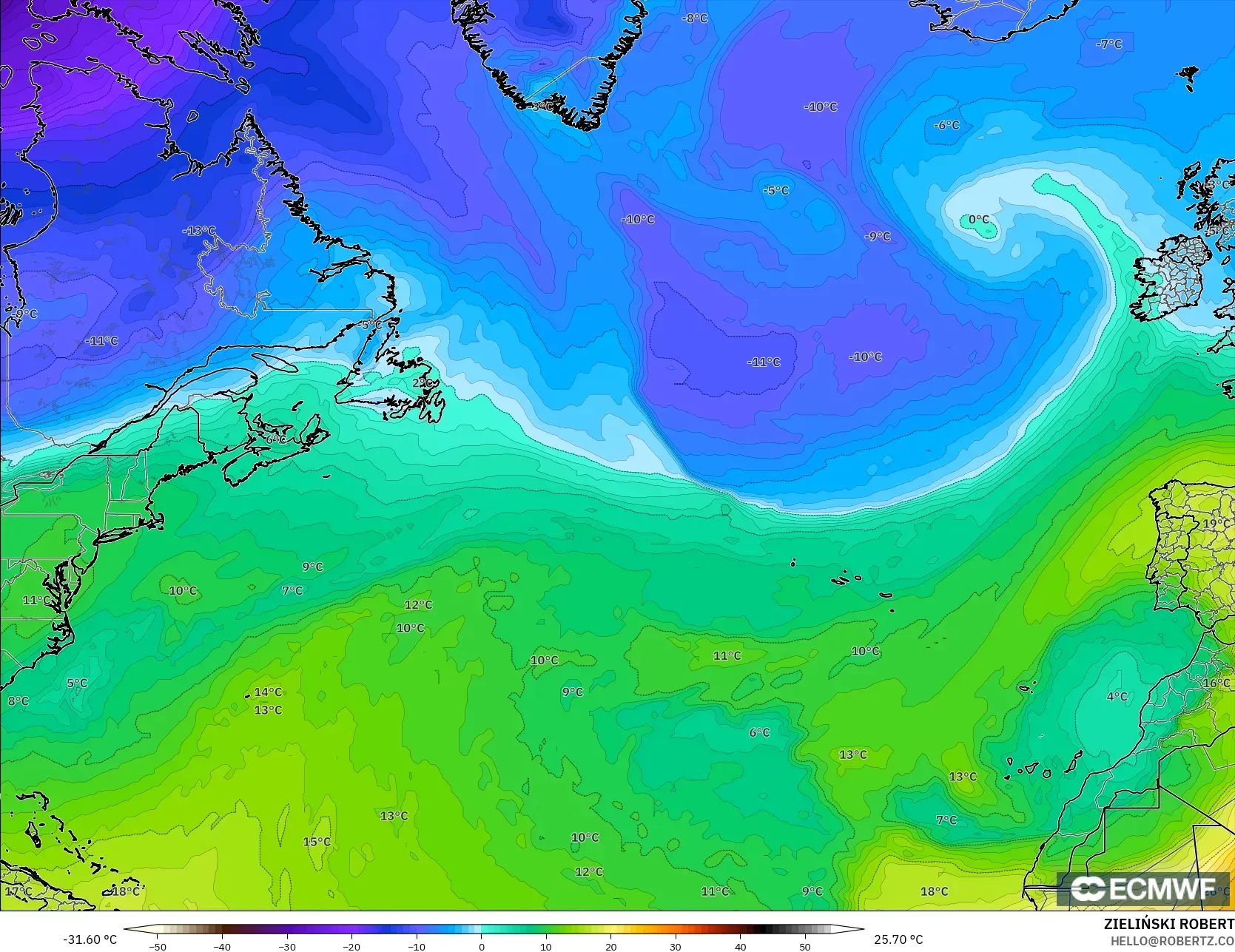 ECMWF IFS 0.25° モデル - 北大西洋, 気温（850hPa）