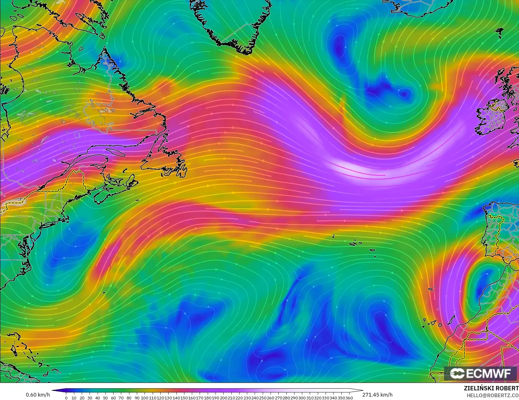 ECMWF IFS 0.25° モデル - 北大西洋, 風速（300hPa）