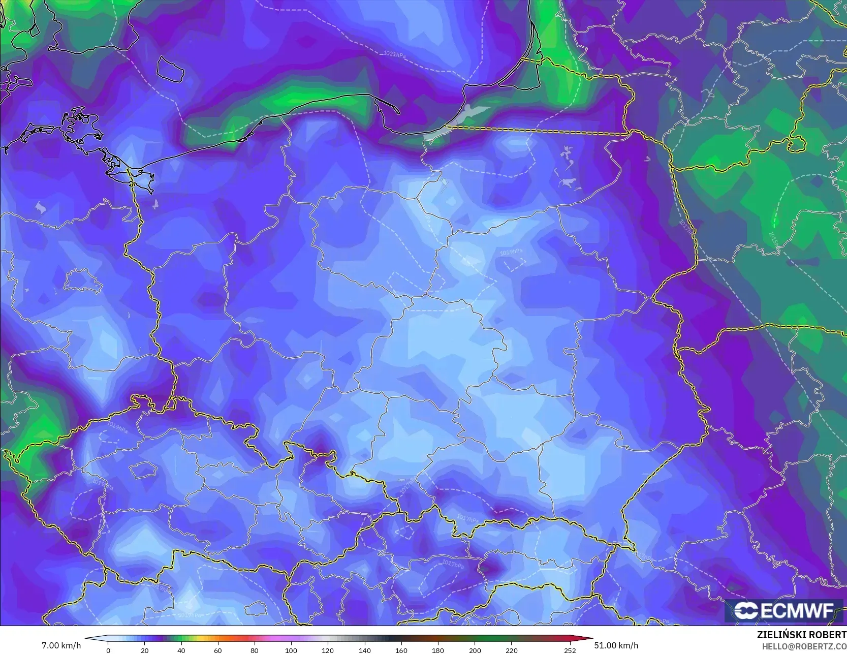 ECMWF IFS 0.25° モデル - ポーランド, 突風（最大）