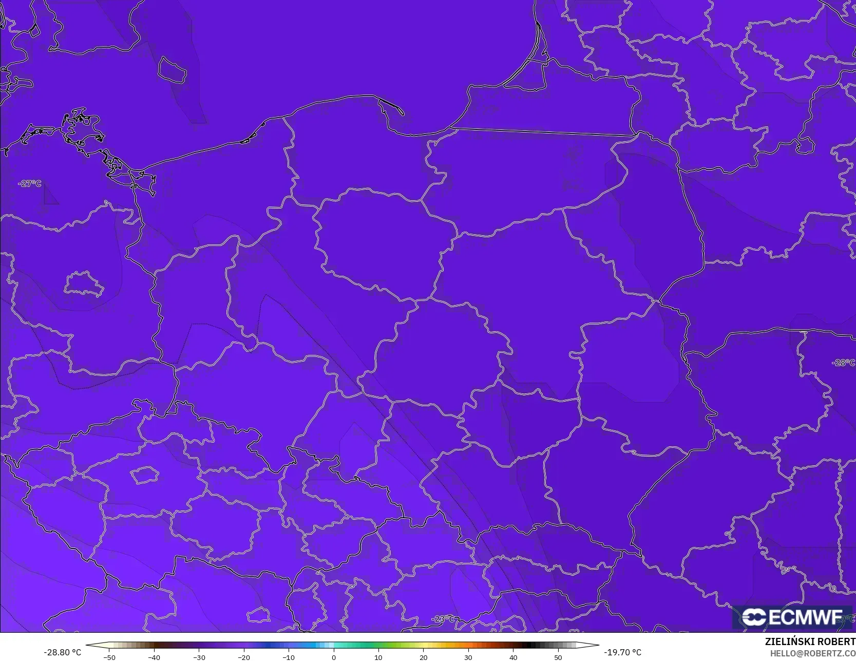 ECMWF IFS 0.25° モデル - ポーランド, 気温（500hPa）