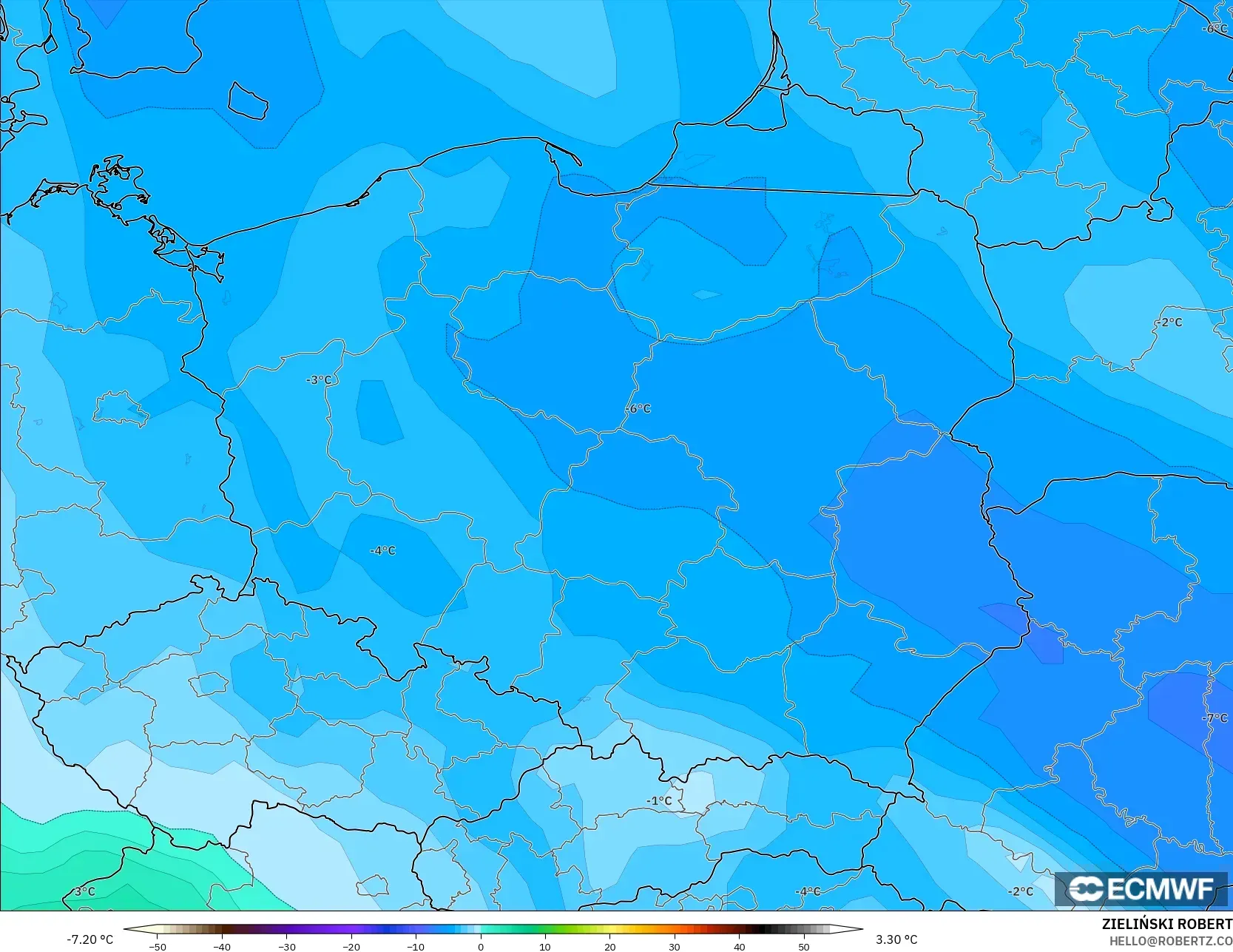 ECMWF IFS 0.25° モデル - ポーランド, 気温（850hPa）