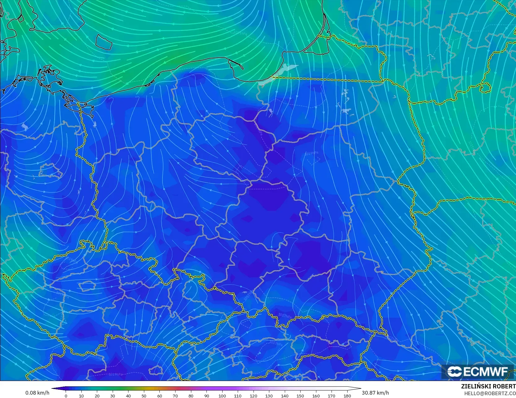 ECMWF IFS 0.25° モデル - ポーランド, 風速（10m）
