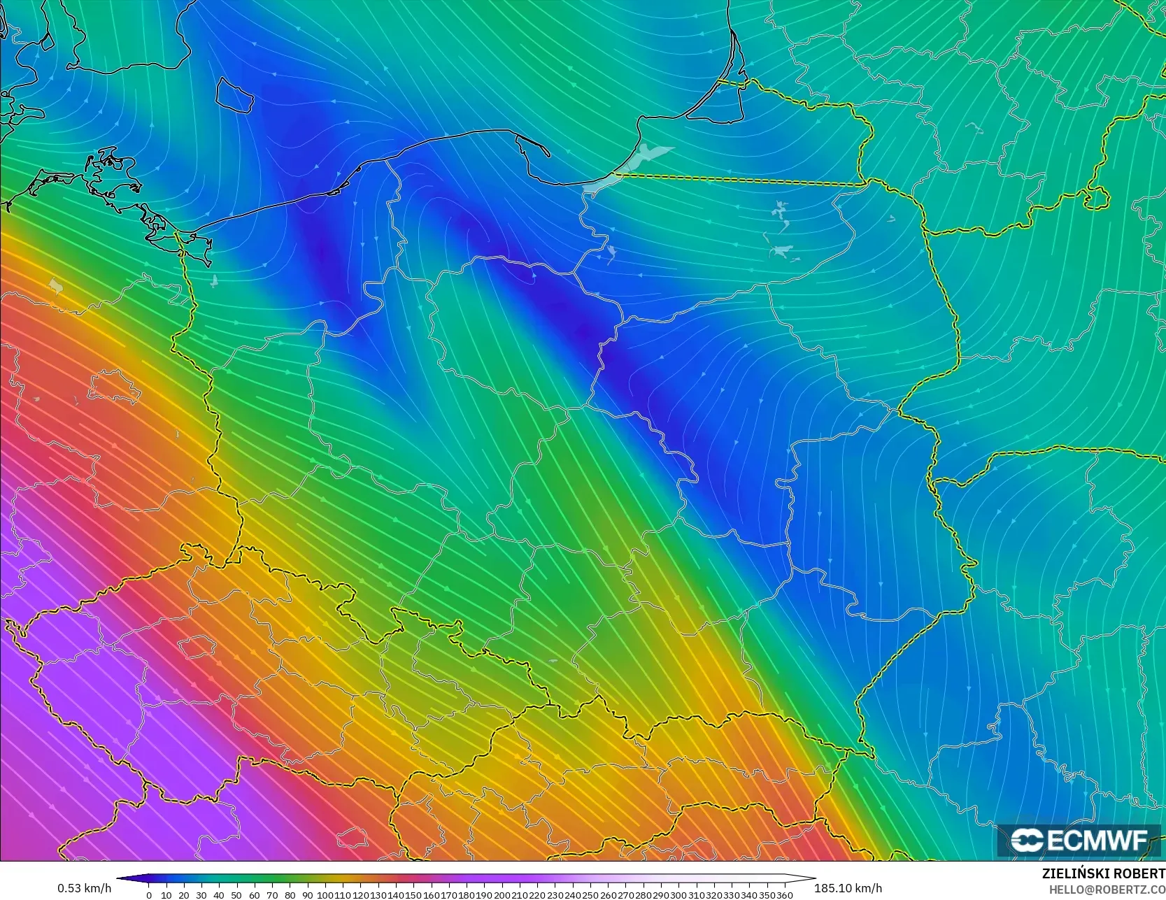 ECMWF IFS 0.25° モデル - ポーランド, 風速（300hPa）