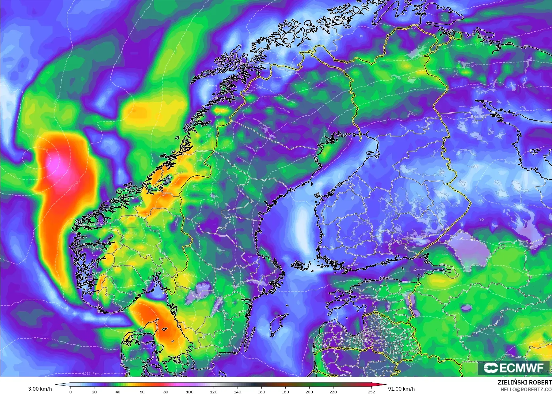 ECMWF IFS 0.25° モデル - スカンジナビア, 突風