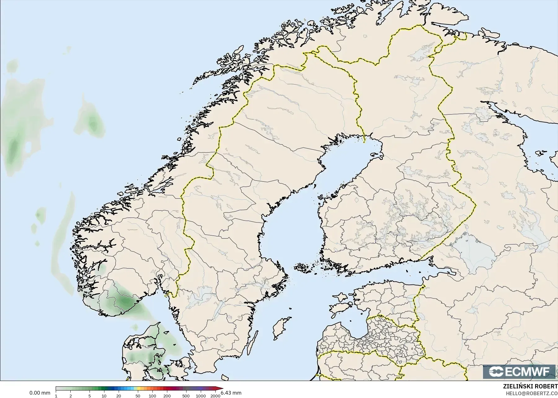 ECMWF IFS 0.25° モデル - スカンジナビア, 降水量の合計