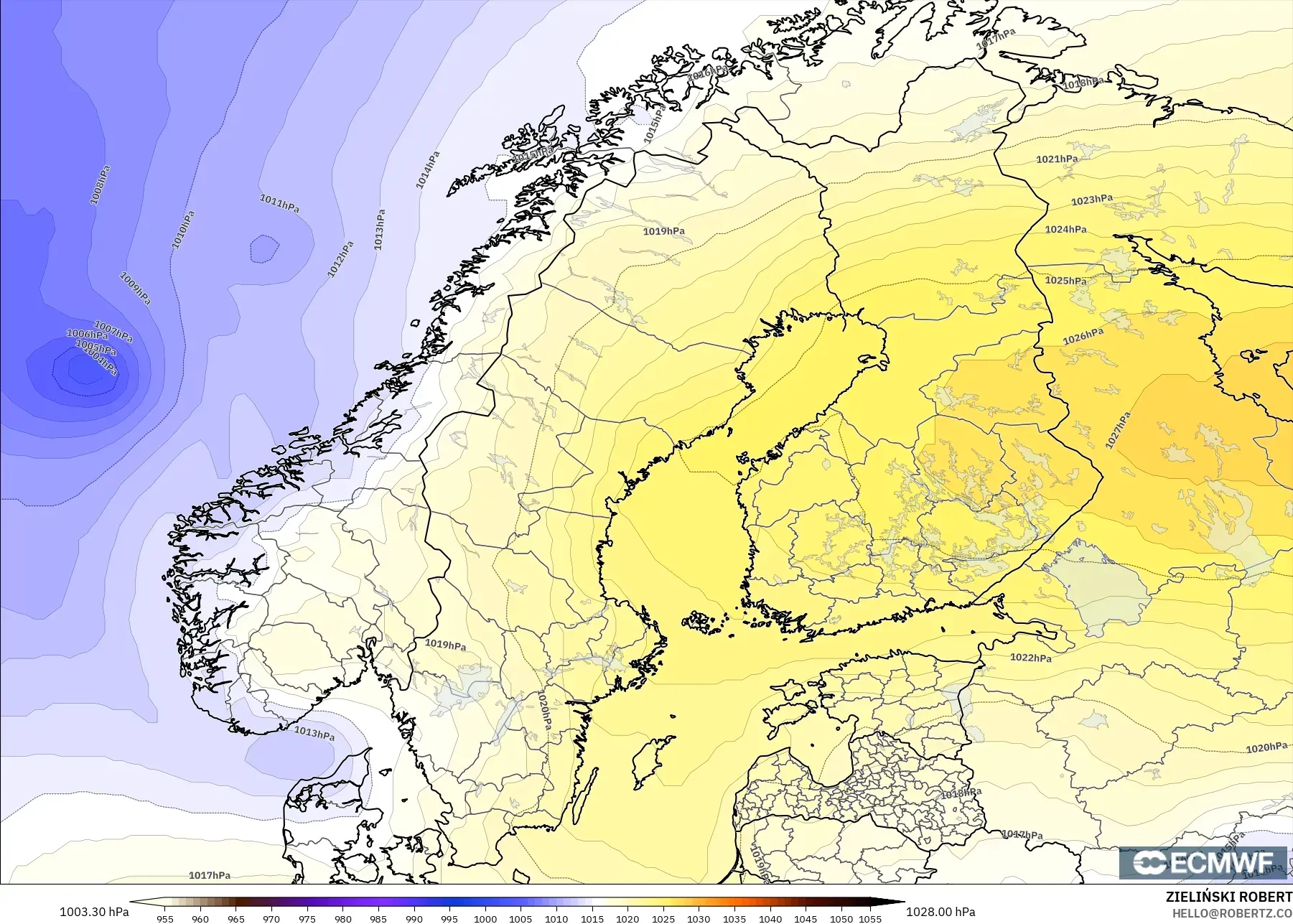 ECMWF IFS 0.25° モデル - スカンジナビア, 気圧