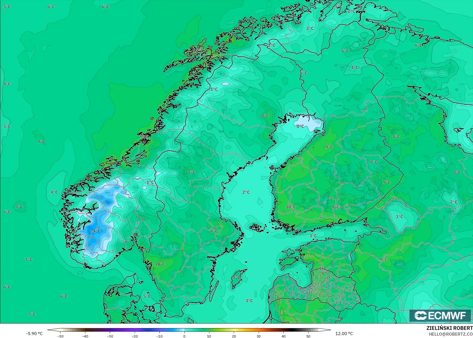 ECMWF IFS 0.25° モデル - スカンジナビア, 気温（2m）