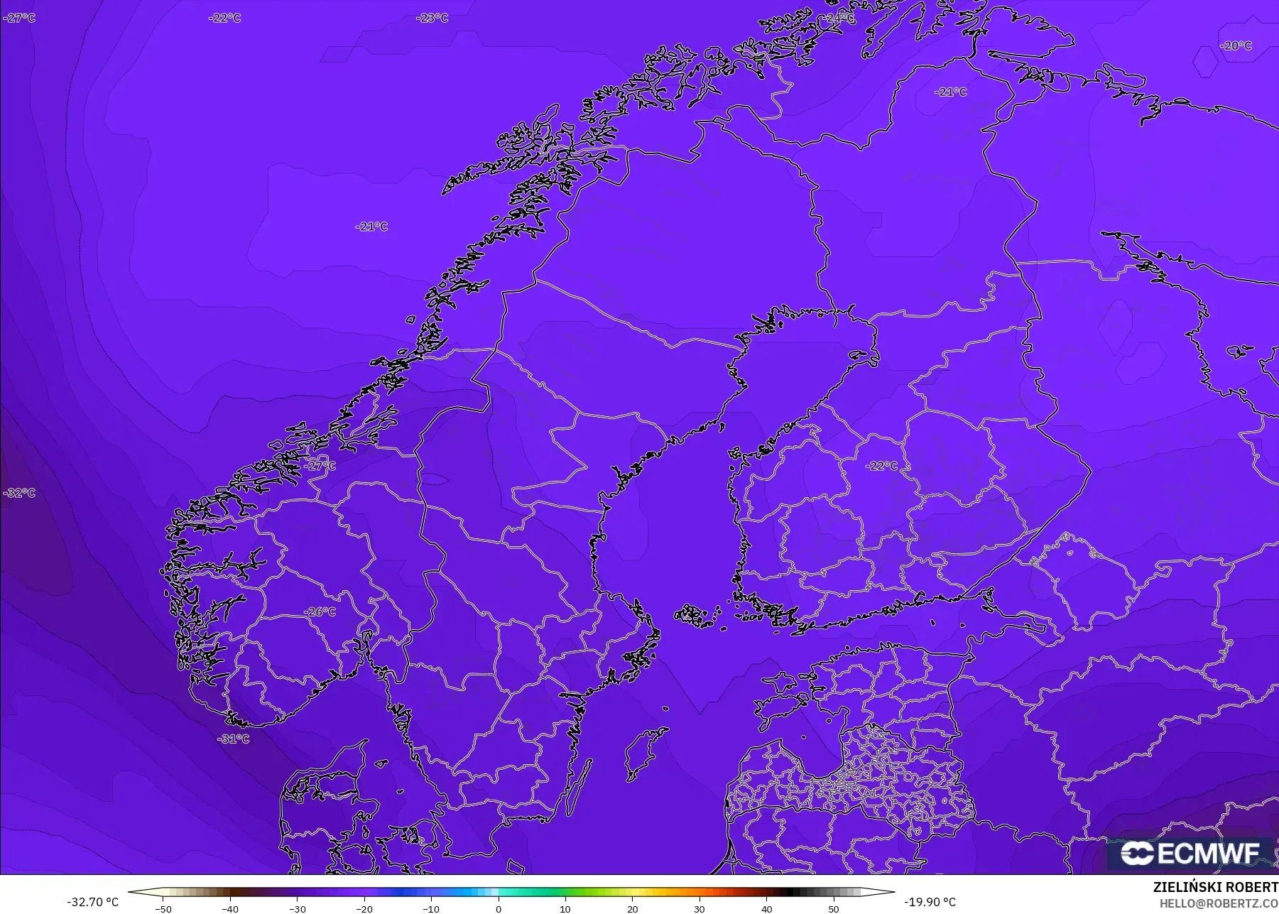 ECMWF IFS 0.25° モデル - スカンジナビア, 気温（500hPa）