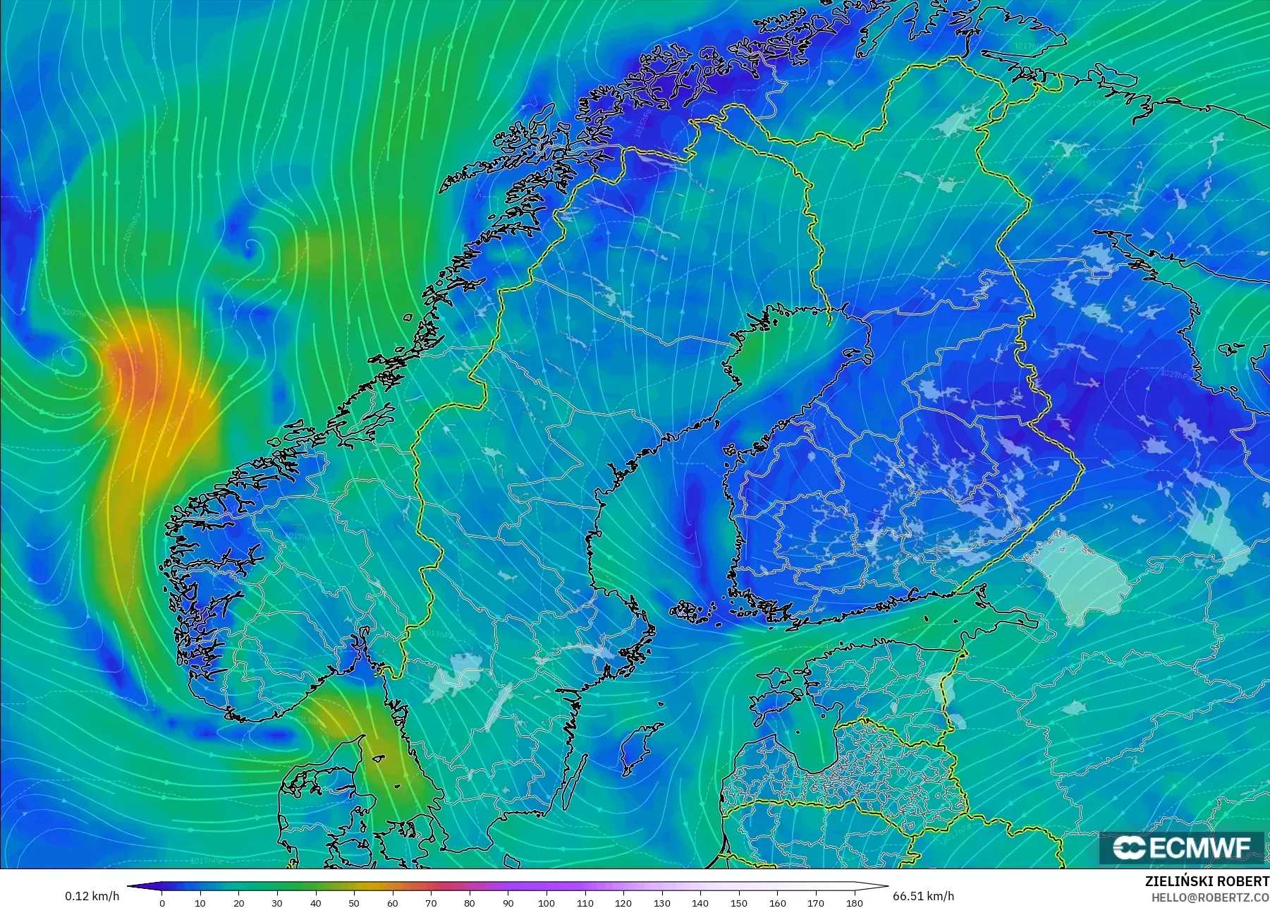 ECMWF IFS 0.25° モデル - スカンジナビア, 風速（10m）