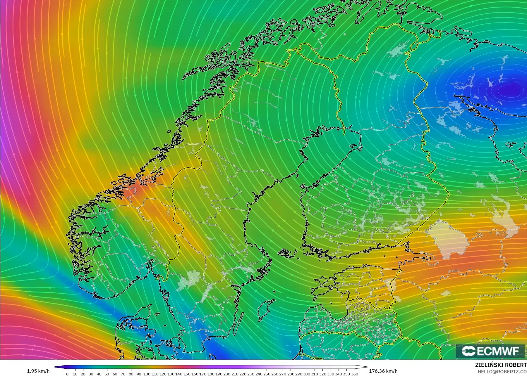 ECMWF IFS 0.25° モデル - スカンジナビア, 風速（300hPa）