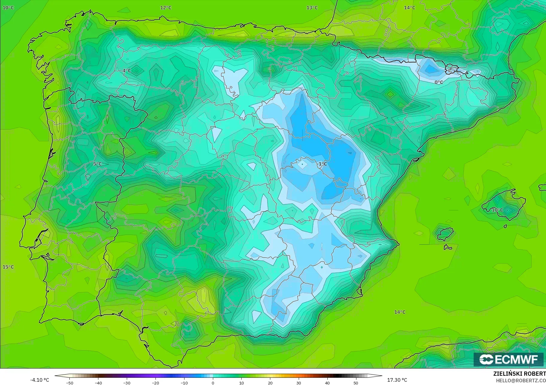 ECMWF IFS 0.25° モデル - スペイン, 露点温度（2m）