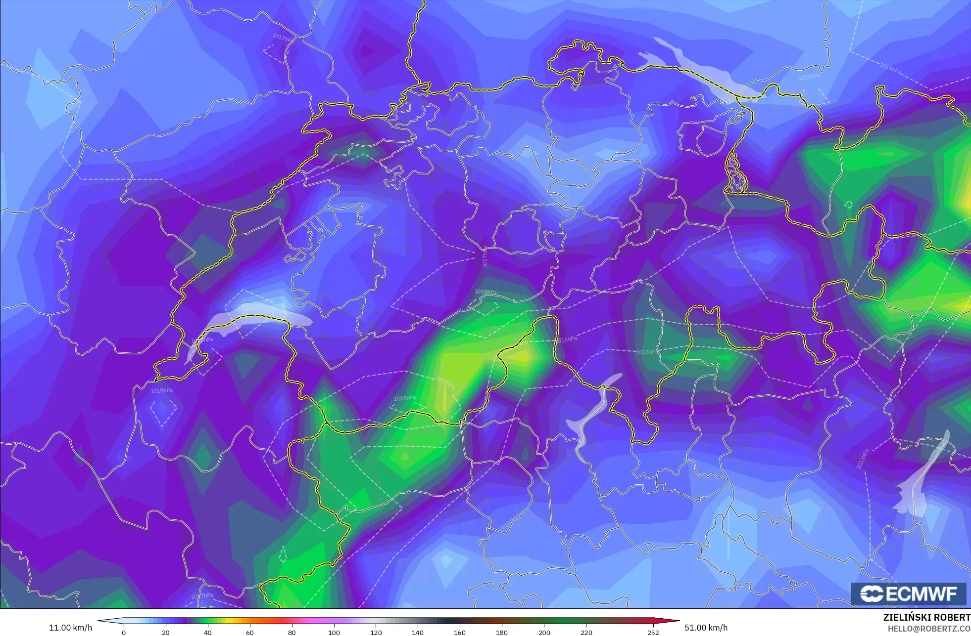 ECMWF IFS 0.25° モデル - スイス, 突風（最大）