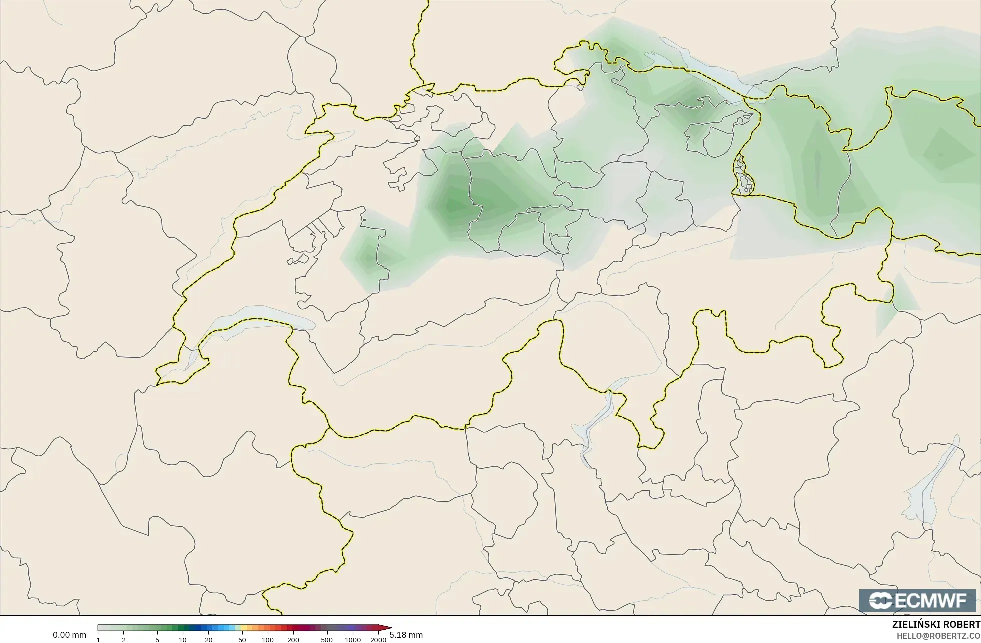 ECMWF IFS 0.25° モデル - スイス, 降水量の合計