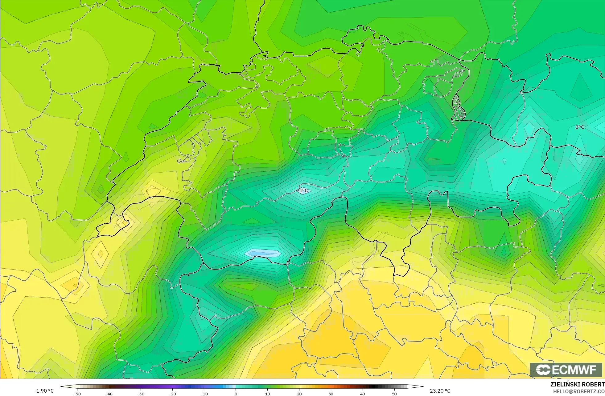 ECMWF IFS 0.25° モデル - スイス, 気温（2m）