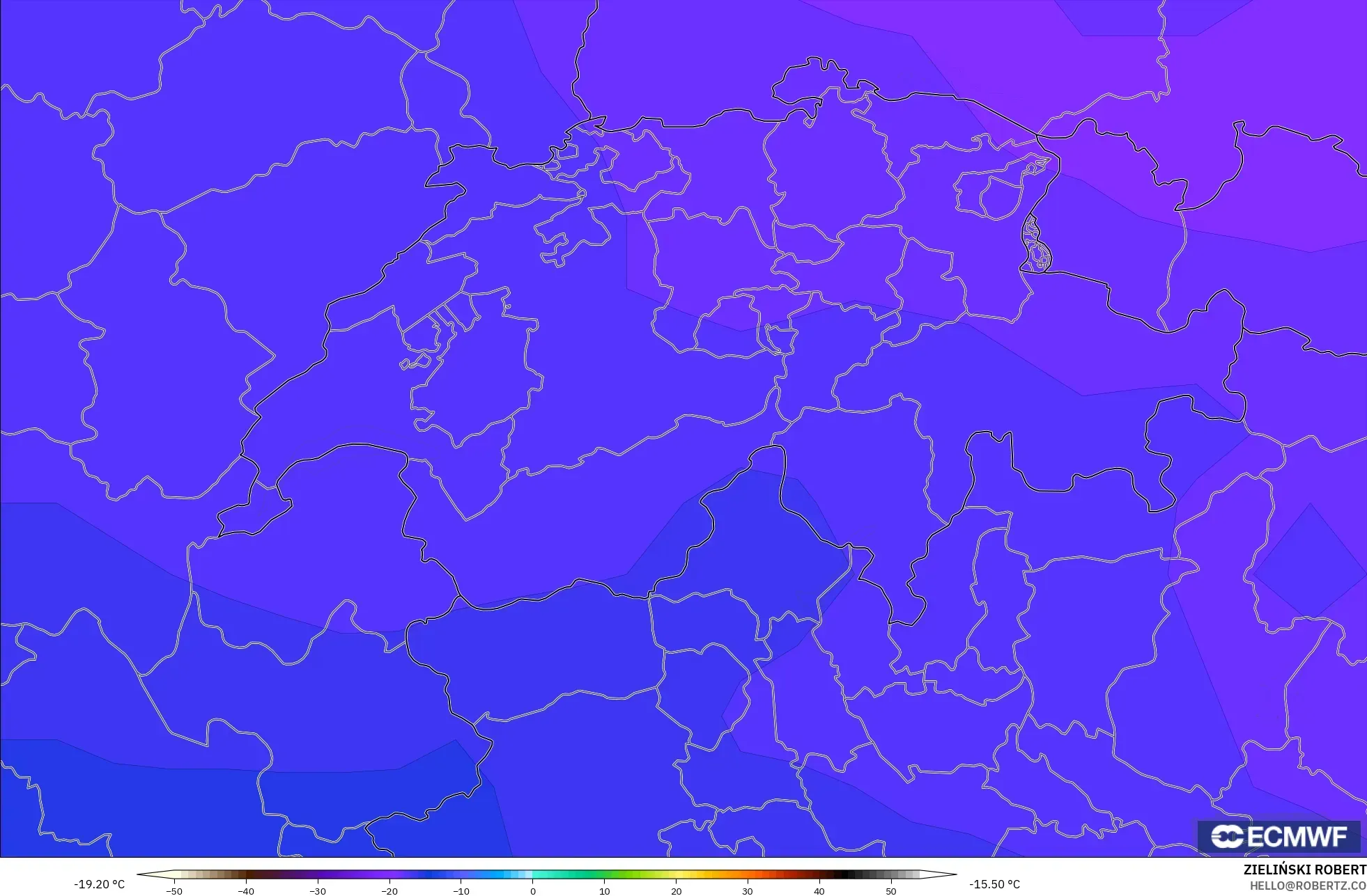 ECMWF IFS 0.25° モデル - スイス, 気温（500hPa）