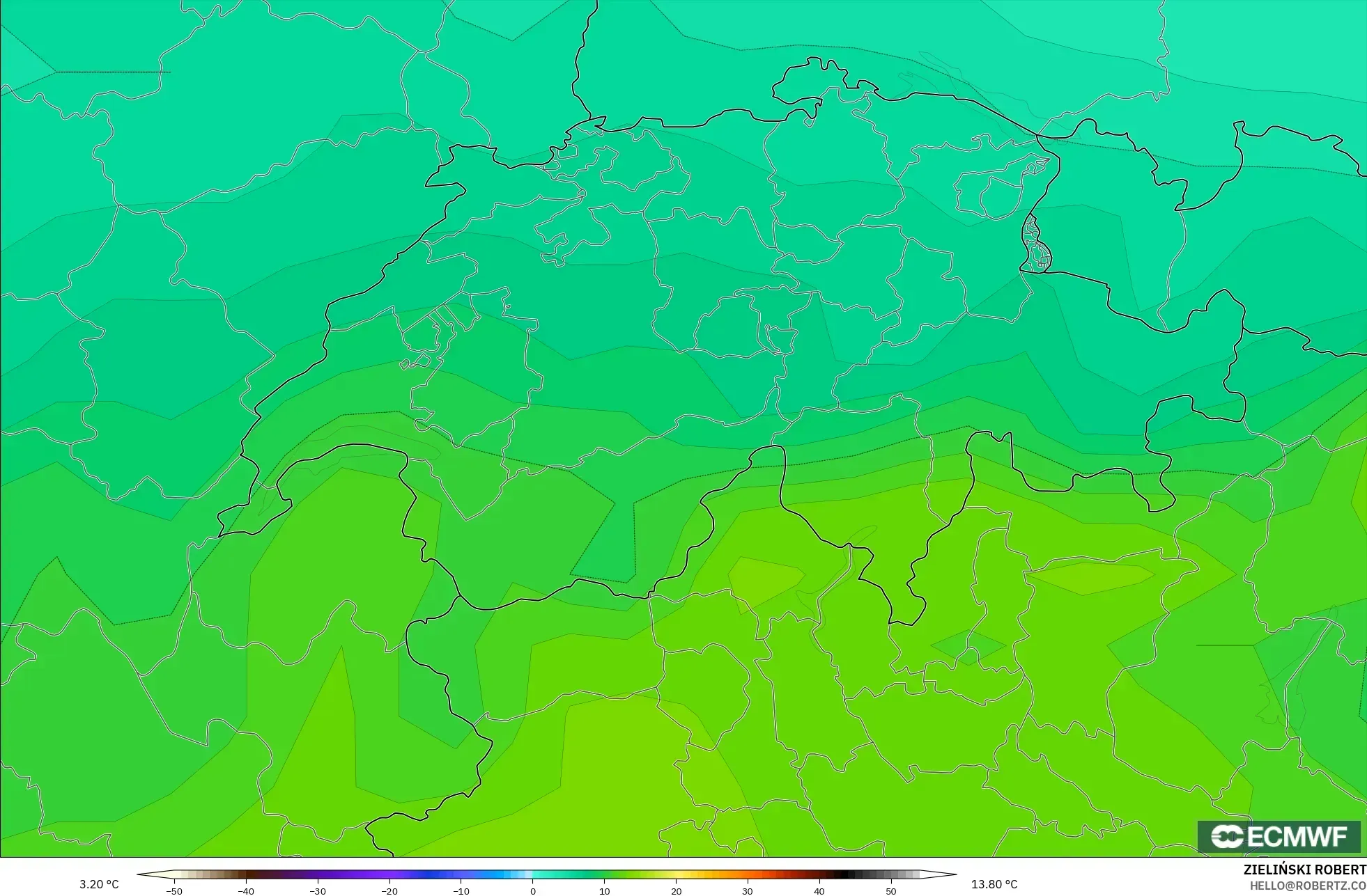 ECMWF IFS 0.25° モデル - スイス, 気温（850hPa）