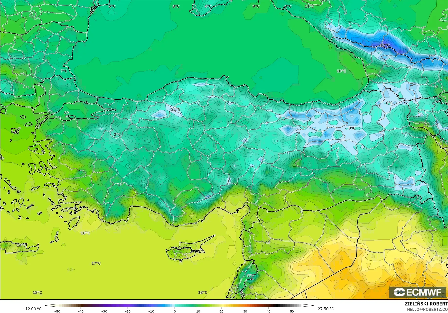ECMWF IFS 0.25° モデル - トルコ, 気温（2m）