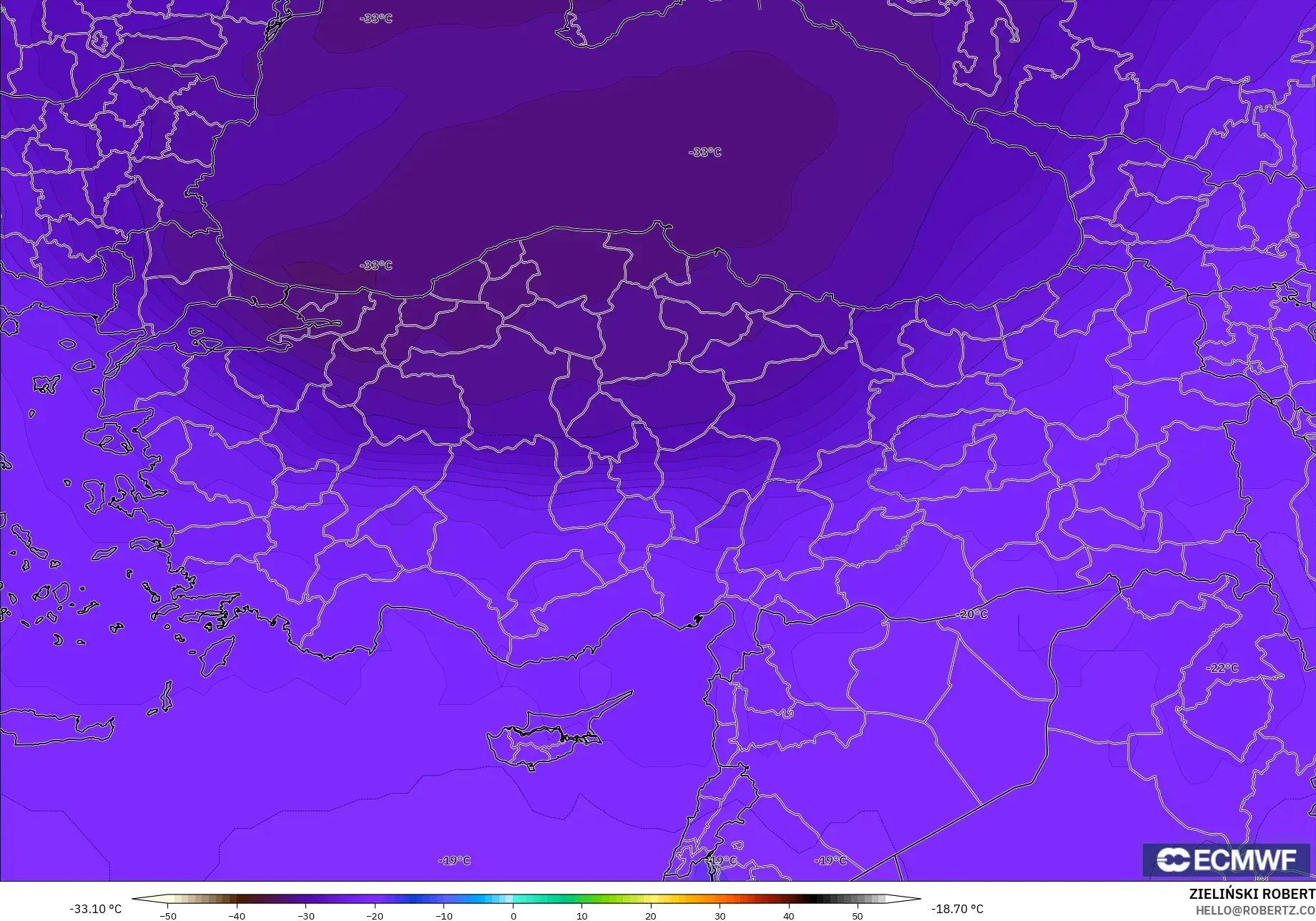 ECMWF IFS 0.25° モデル - トルコ, 気温（500hPa）