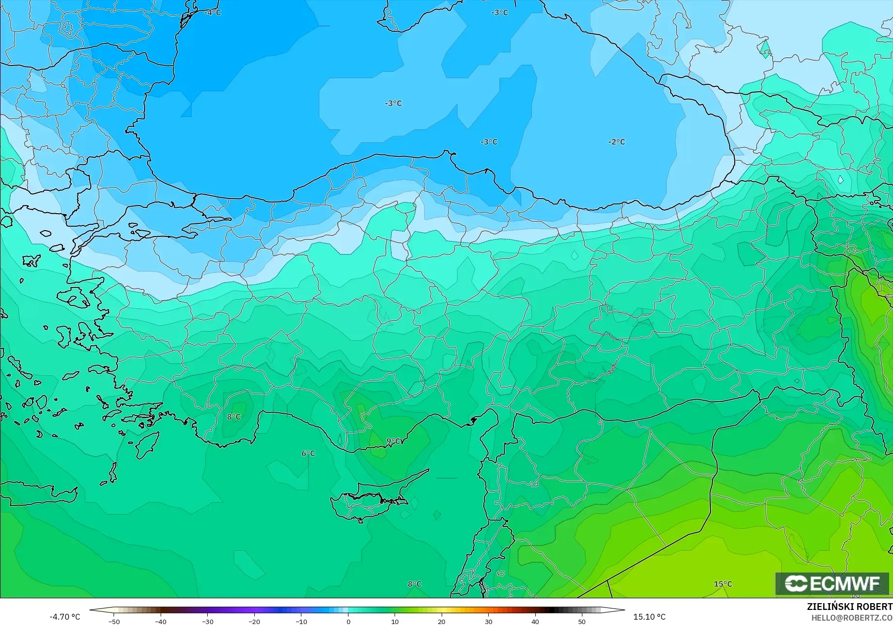 ECMWF IFS 0.25° モデル - トルコ, 気温（850hPa）
