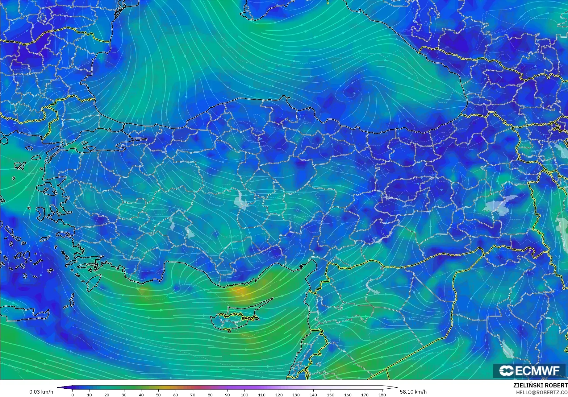 ECMWF IFS 0.25° モデル - トルコ, 風速（10m）
