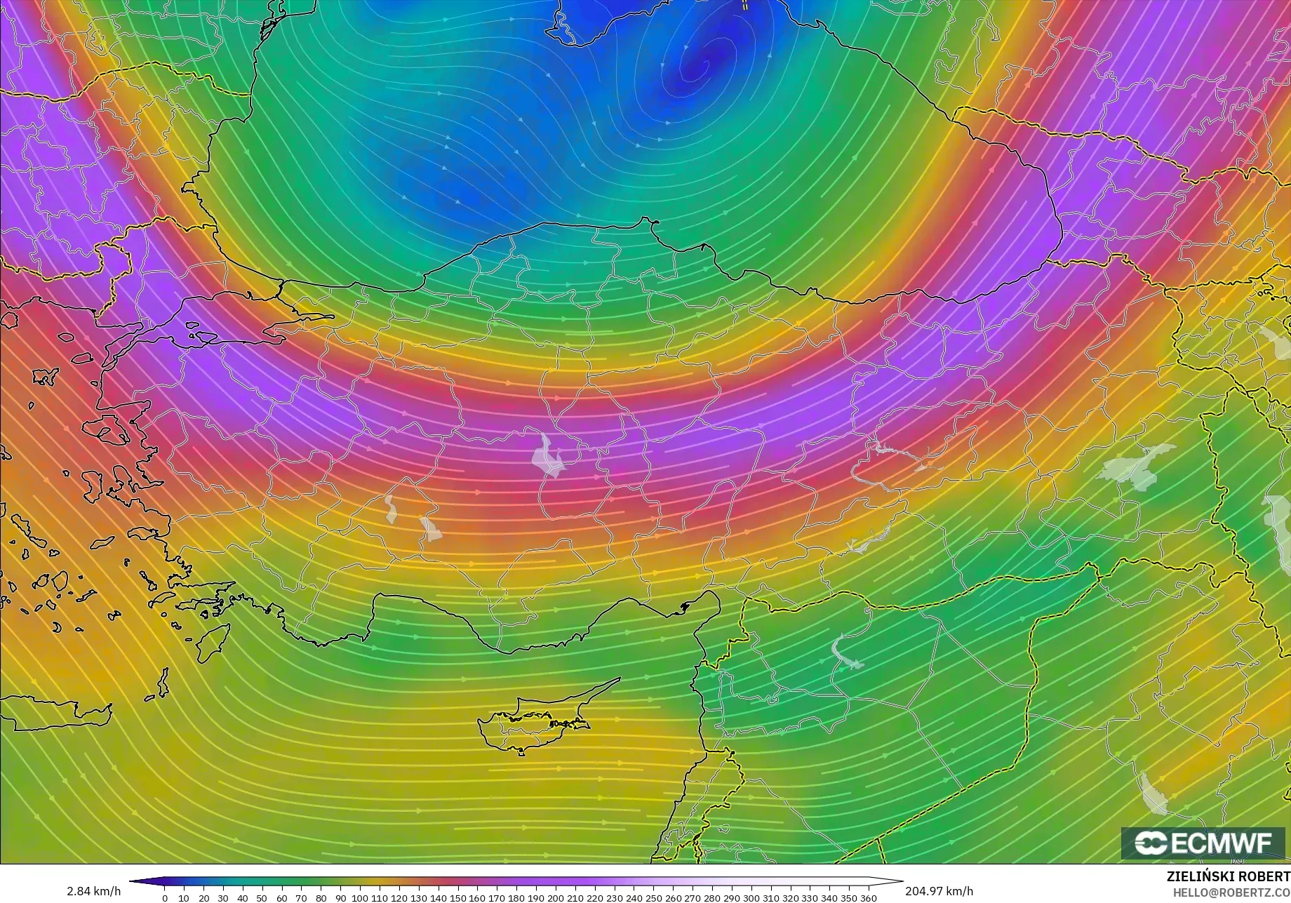 ECMWF IFS 0.25° モデル - トルコ, 風速（300hPa）