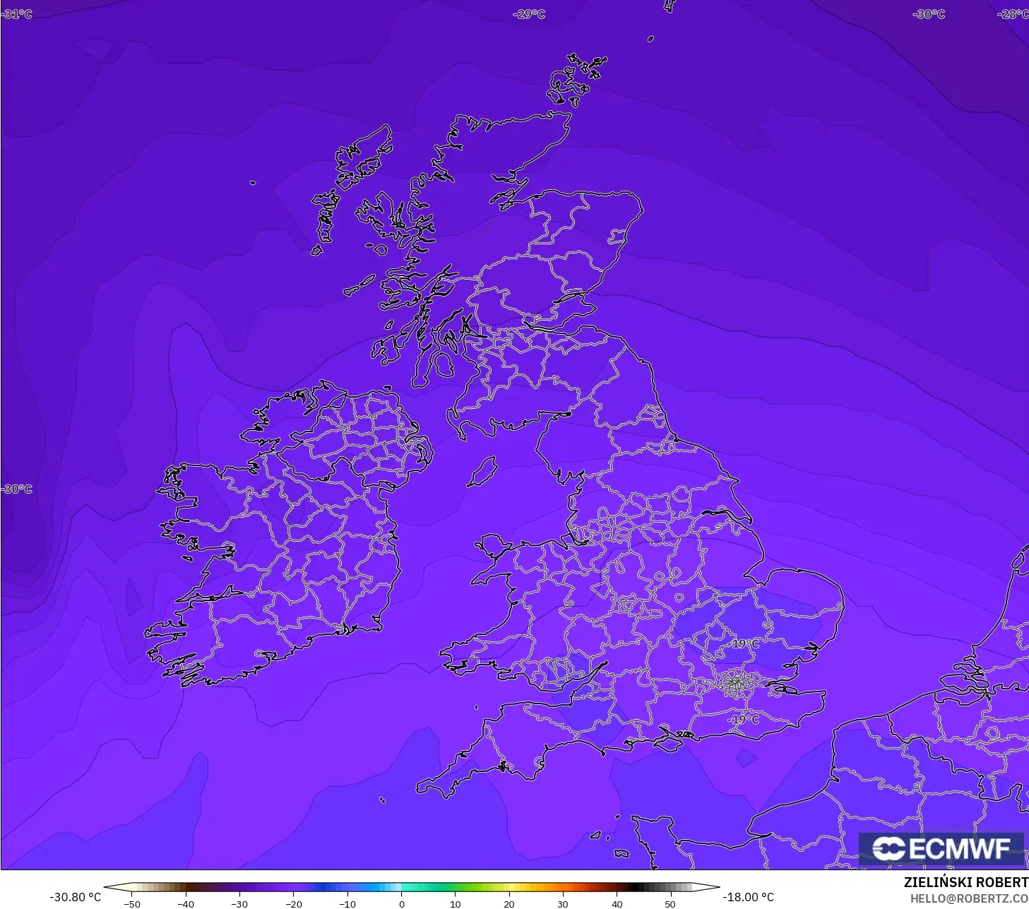 ECMWF IFS 0.25° モデル - イギリス, 気温（500hPa）