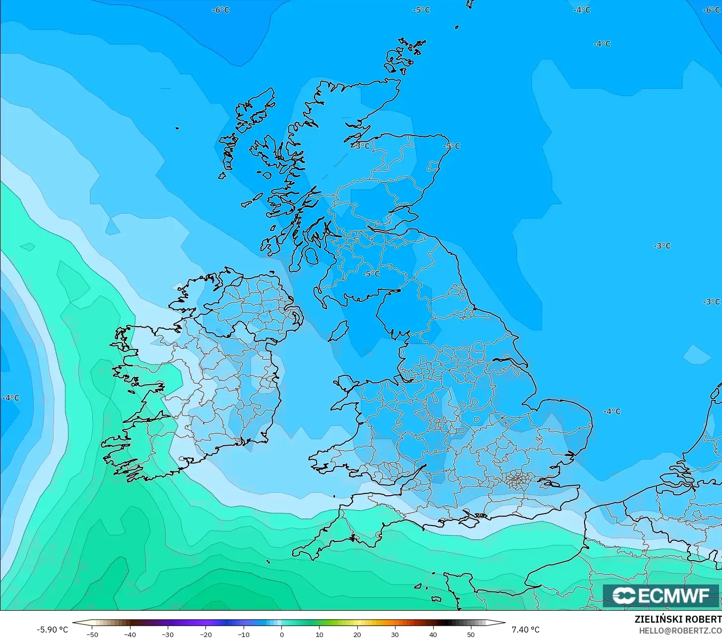 ECMWF IFS 0.25° モデル - イギリス, 気温（850hPa）