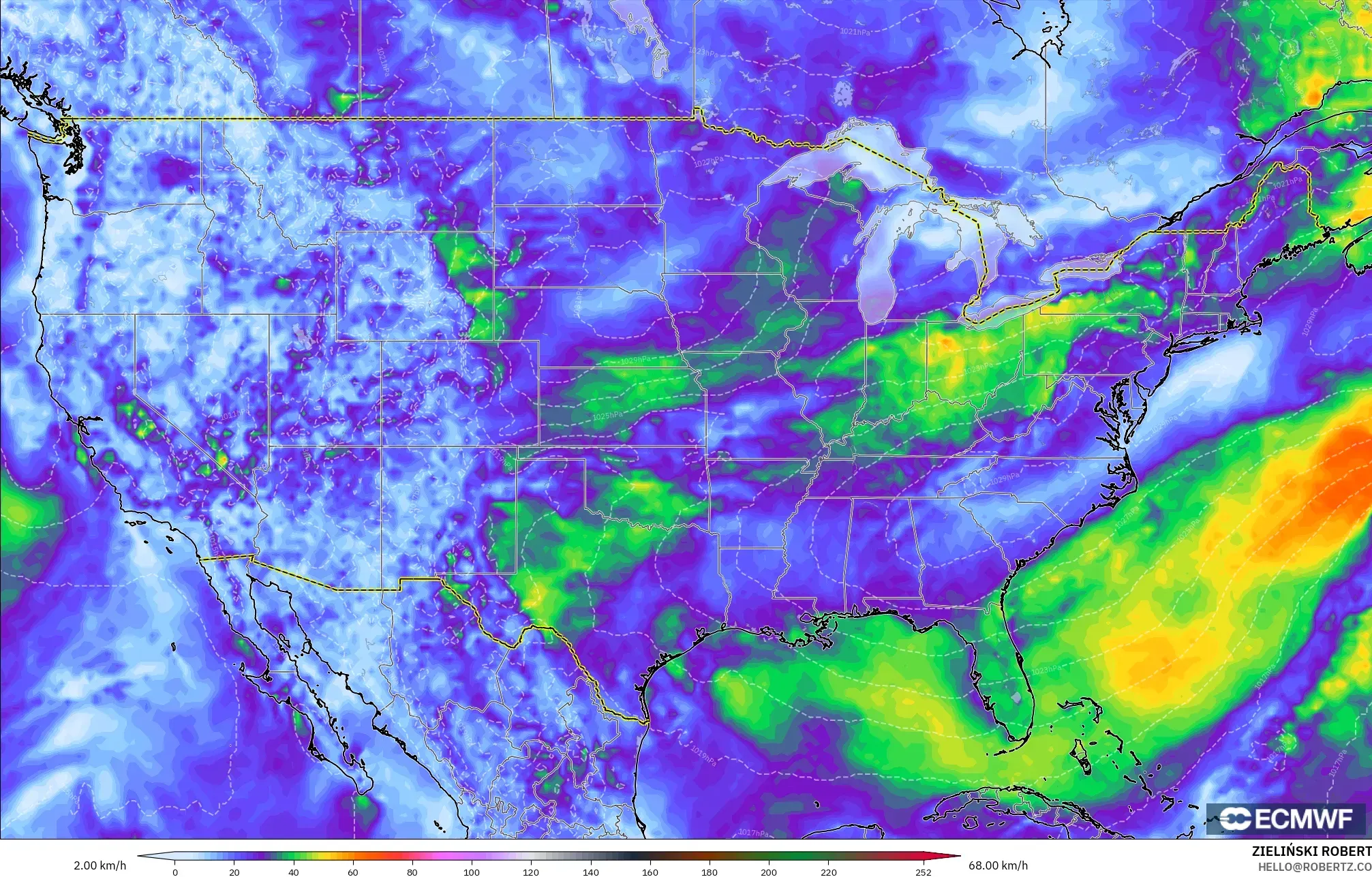 ECMWF IFS 0.25° モデル - アメリカ合衆国, 突風