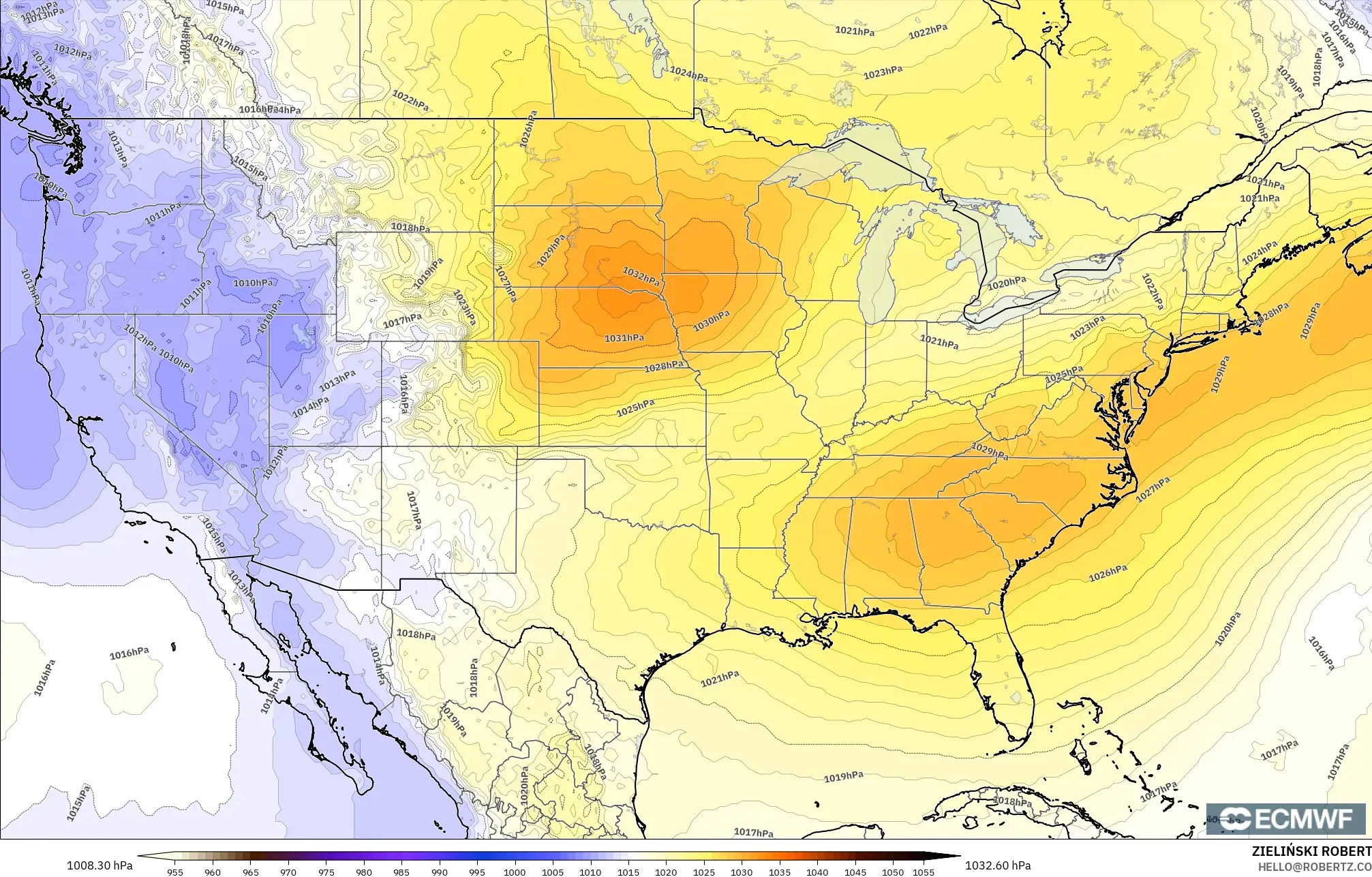 ECMWF IFS 0.25° モデル - アメリカ合衆国, 気圧