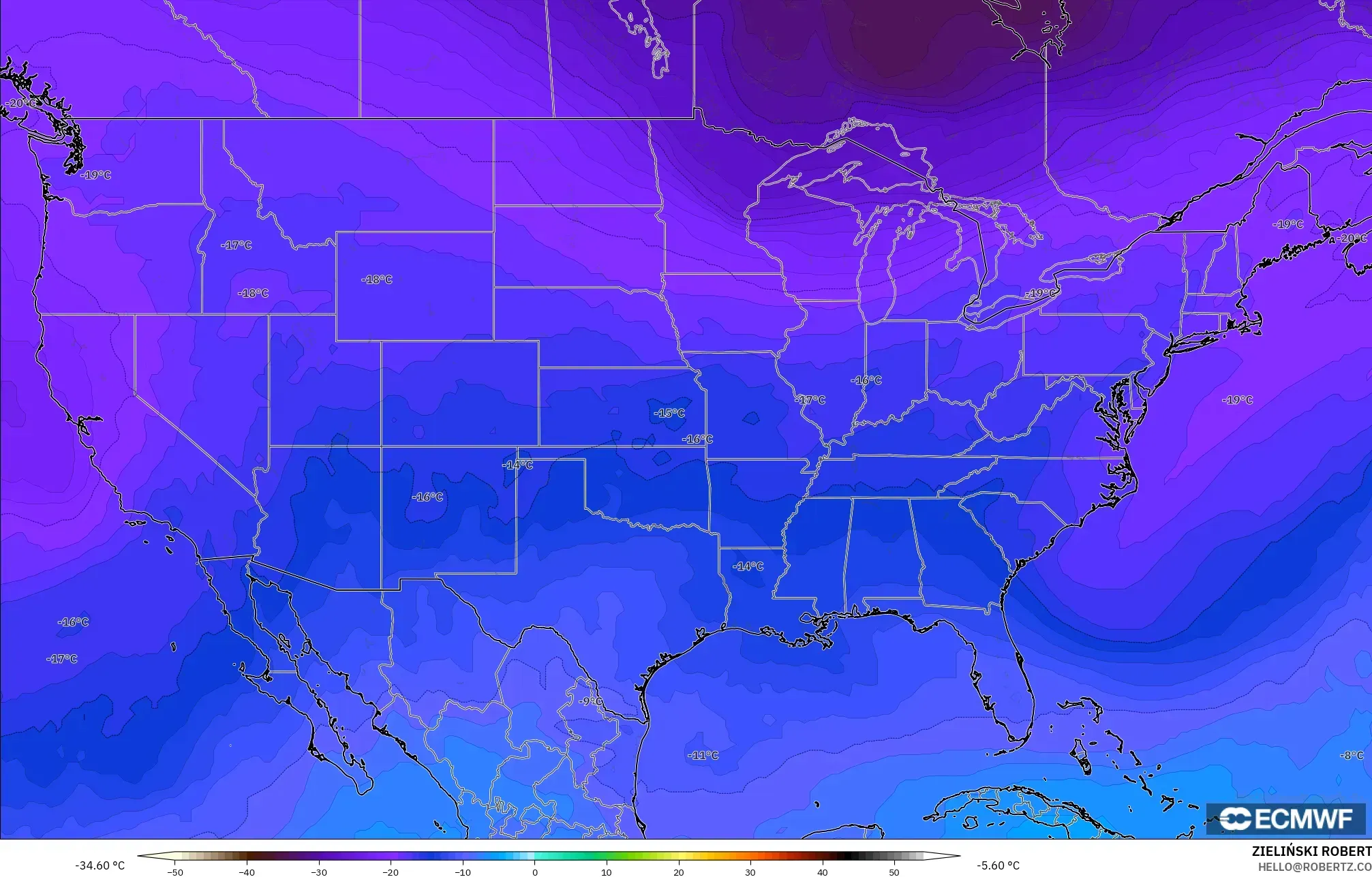 ECMWF IFS 0.25° モデル - アメリカ合衆国, 気温（500hPa）