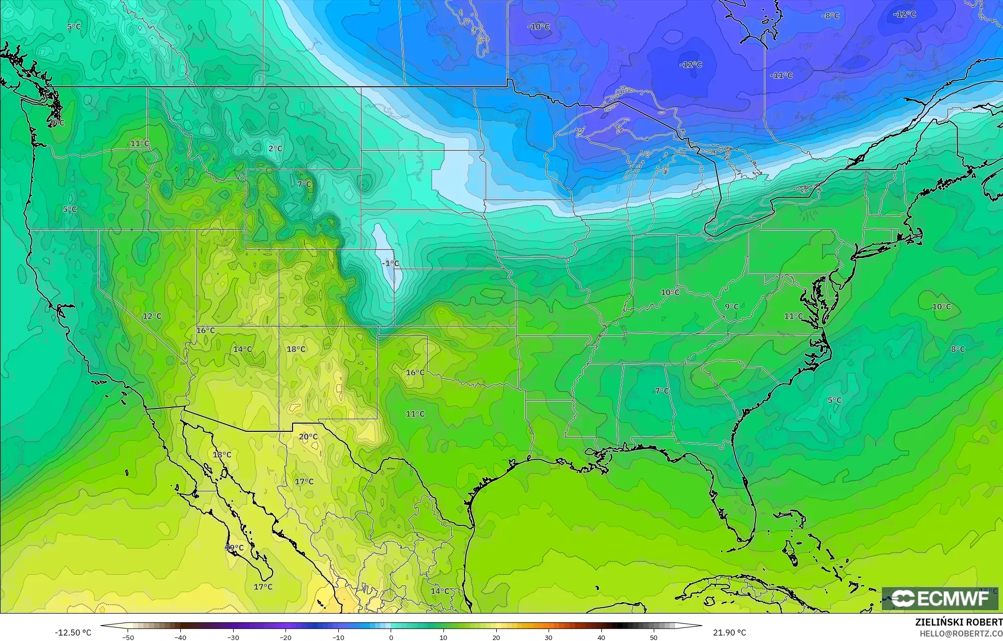 ECMWF IFS 0.25° モデル - アメリカ合衆国, 気温（850hPa）