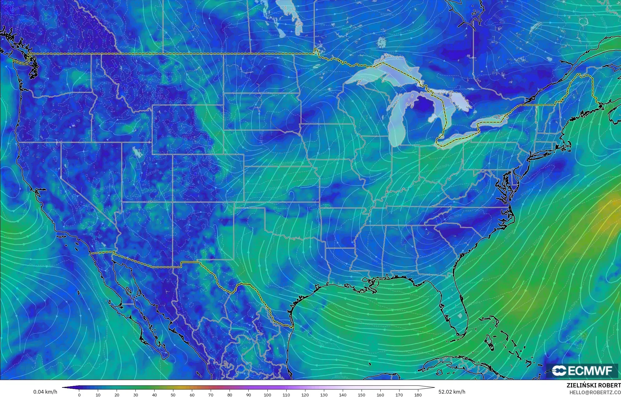 ECMWF IFS 0.25° モデル - アメリカ合衆国, 風速（10m）