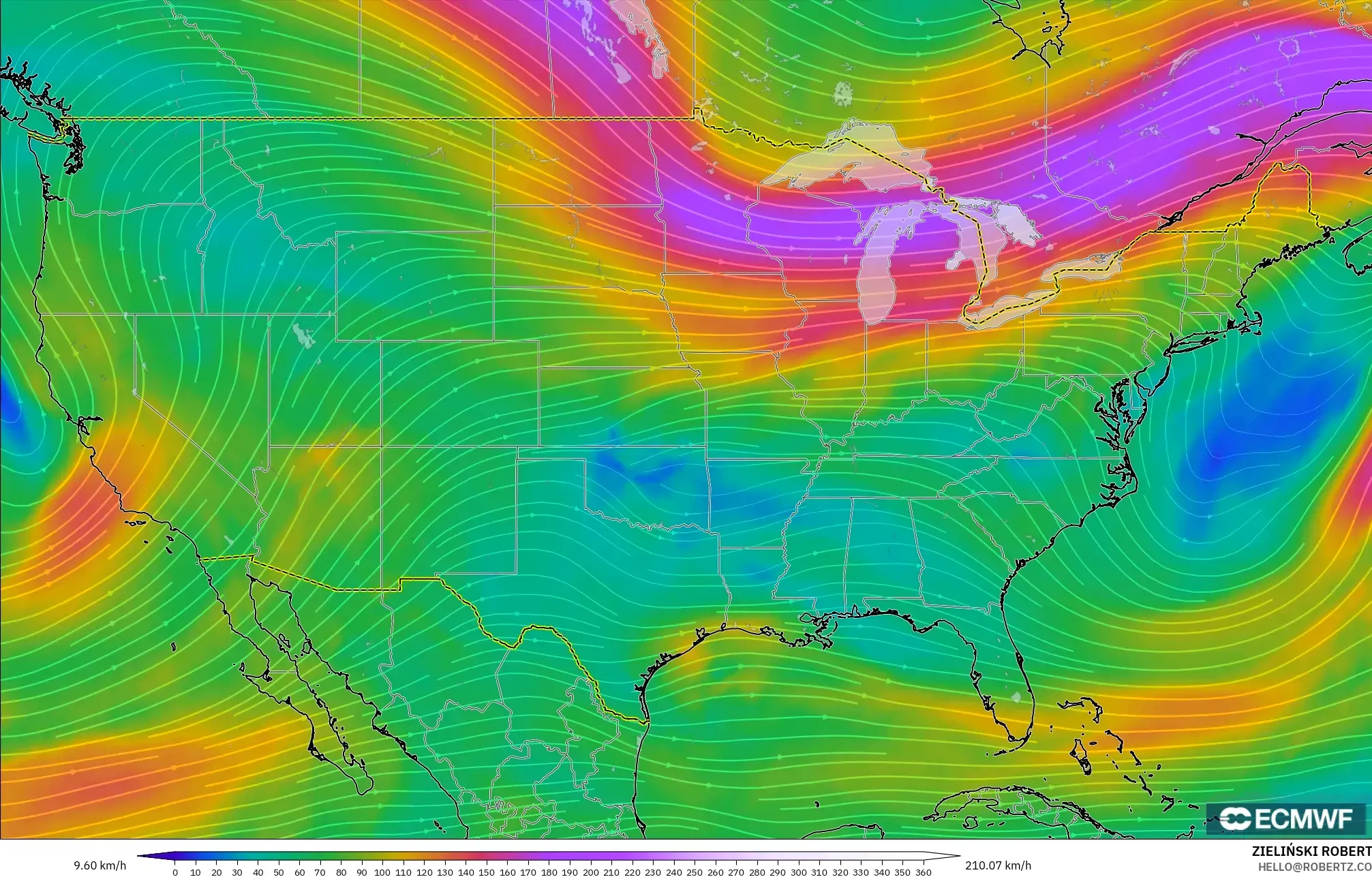 ECMWF IFS 0.25° モデル - アメリカ合衆国, 風速（300hPa）